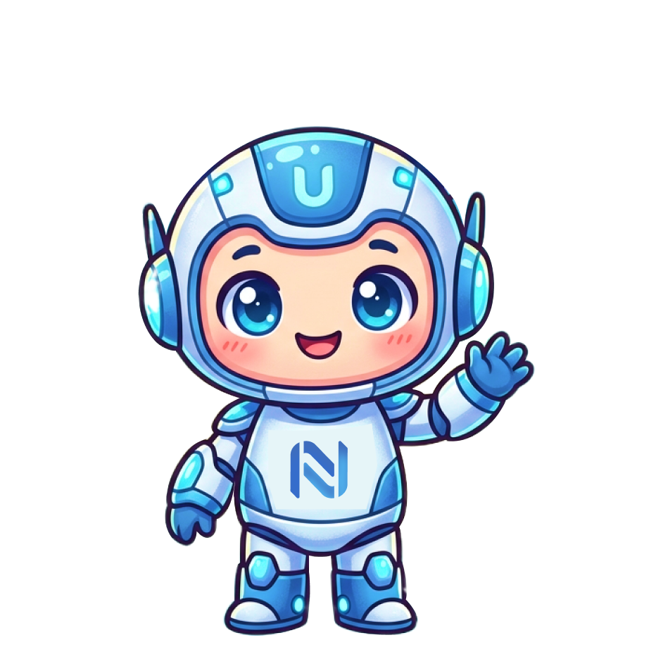 Mascot UniNetwork vẫy chào, mặc bộ đồ không gian trắng xanh với logo UniNetwork.